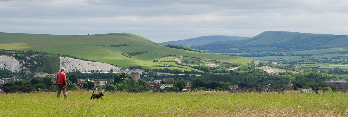 A person walking their dog on Landport Bottom near Lewes, UK